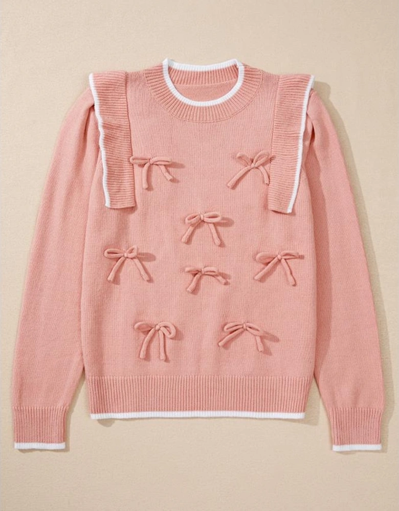 Light Pink Ruffled Bowknot Ribbed Trim Long Sleeve Sweater
