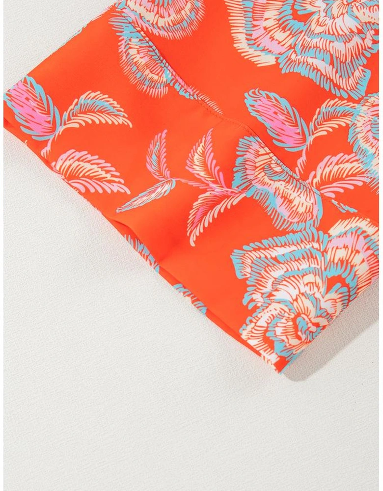 Red Floral Print Lapel Collar Loose Shirt Mini Dress