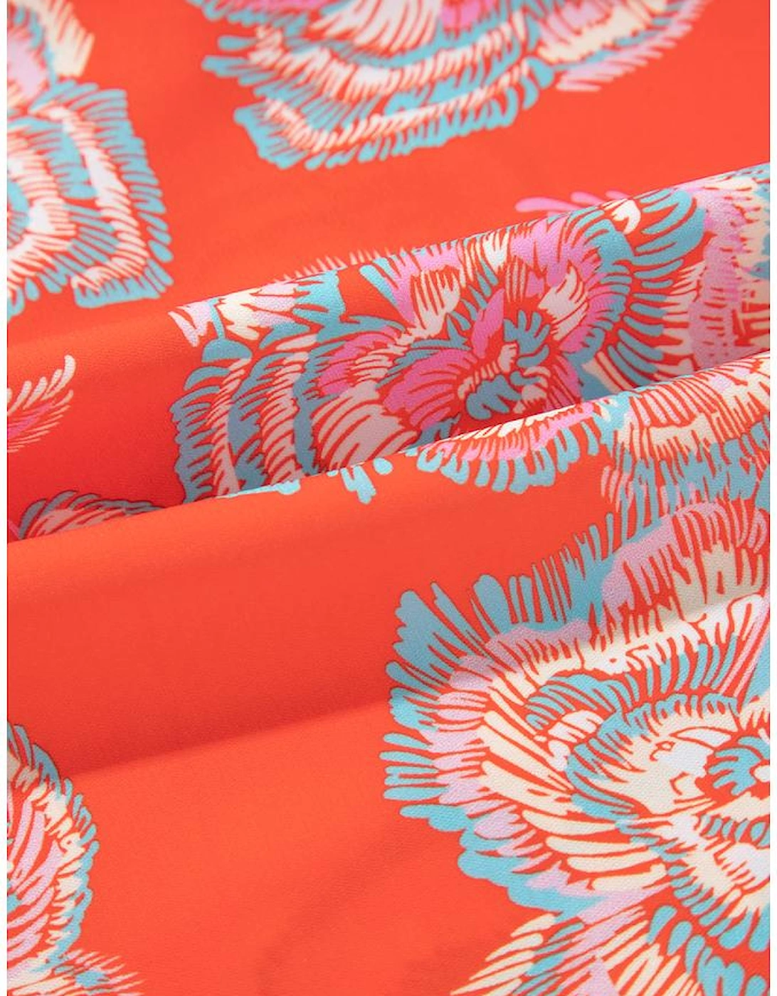 Red Floral Print Lapel Collar Loose Shirt Mini Dress