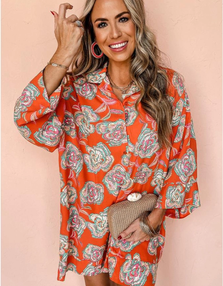 Red Floral Print Lapel Collar Loose Shirt Mini Dress