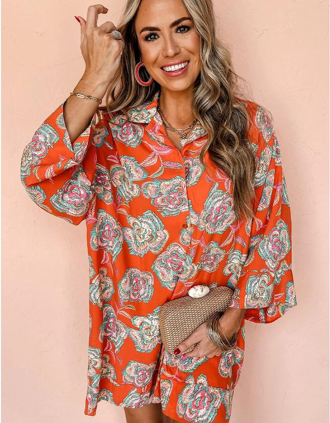 Red Floral Print Lapel Collar Loose Shirt Mini Dress