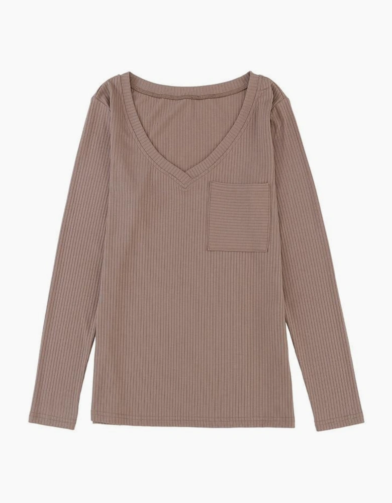Khaki Ribbed Knit Patched Chest Pocket V Neck Top