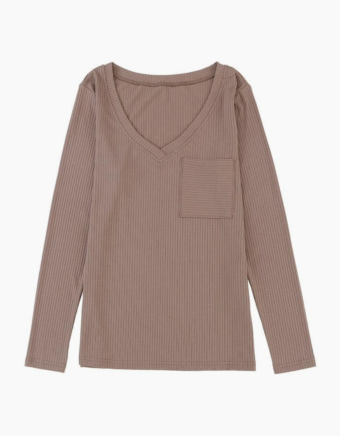 Khaki Ribbed Knit Patched Chest Pocket V Neck Top
