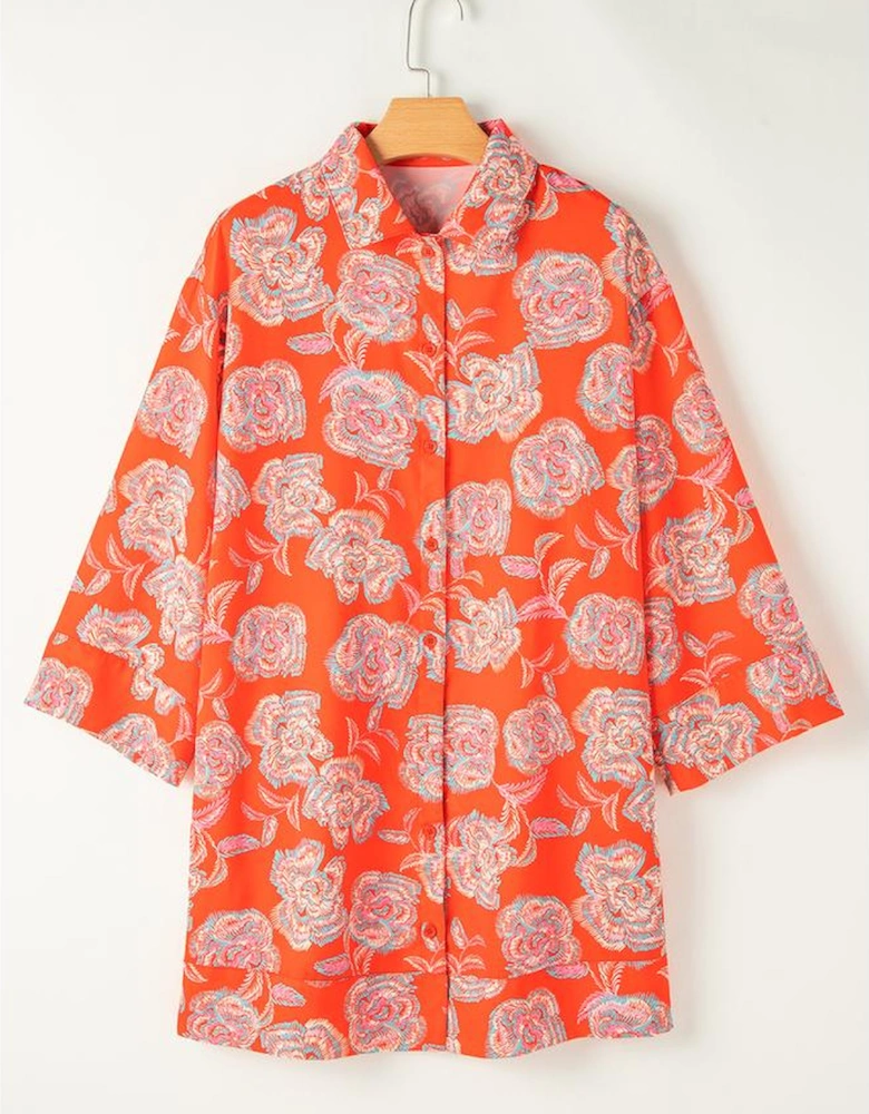 Red Floral Print Lapel Collar Loose Shirt Mini Dress