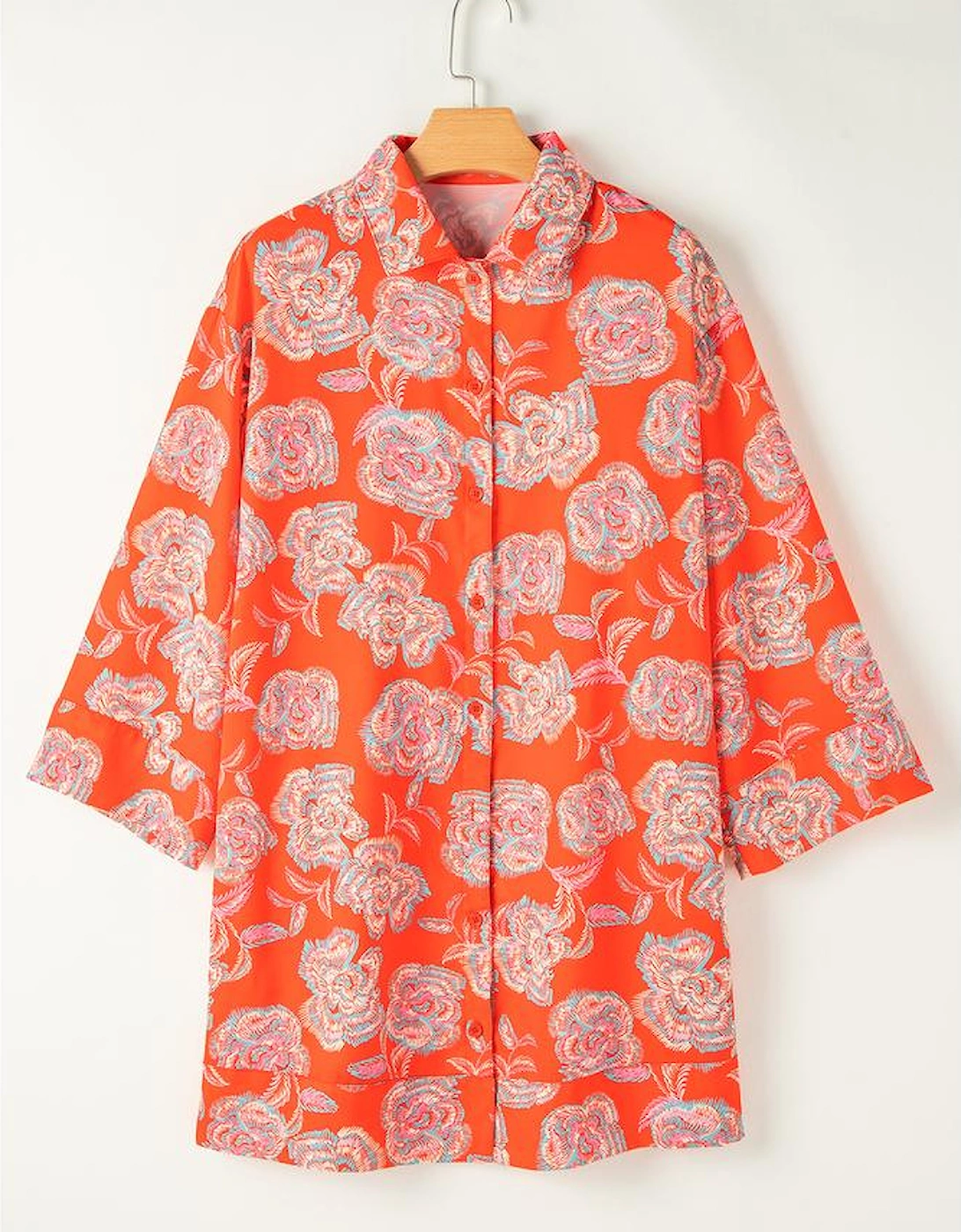 Red Floral Print Lapel Collar Loose Shirt Mini Dress