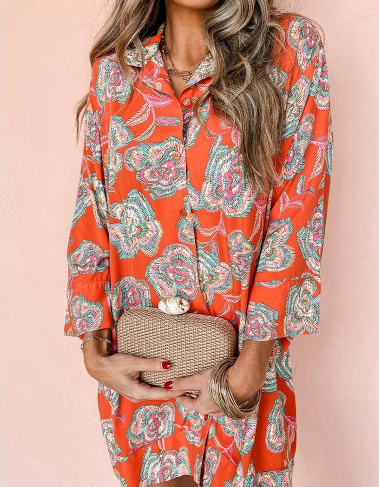 Red Floral Print Lapel Collar Loose Shirt Mini Dress