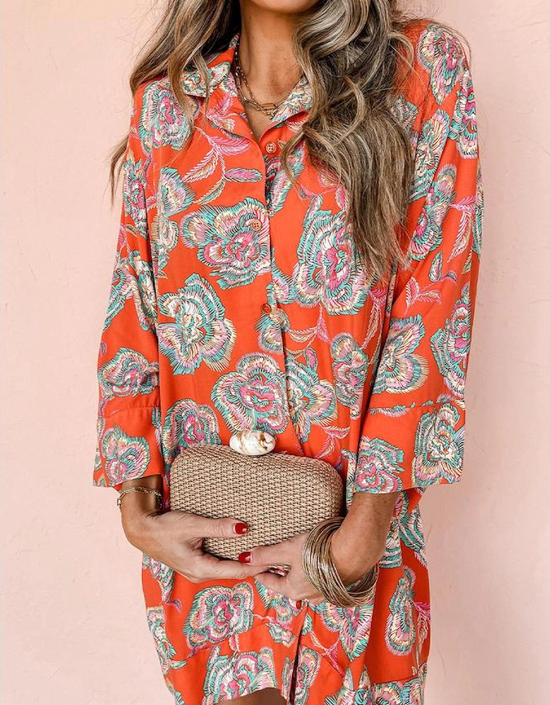Red Floral Print Lapel Collar Loose Shirt Mini Dress, 12 of 11