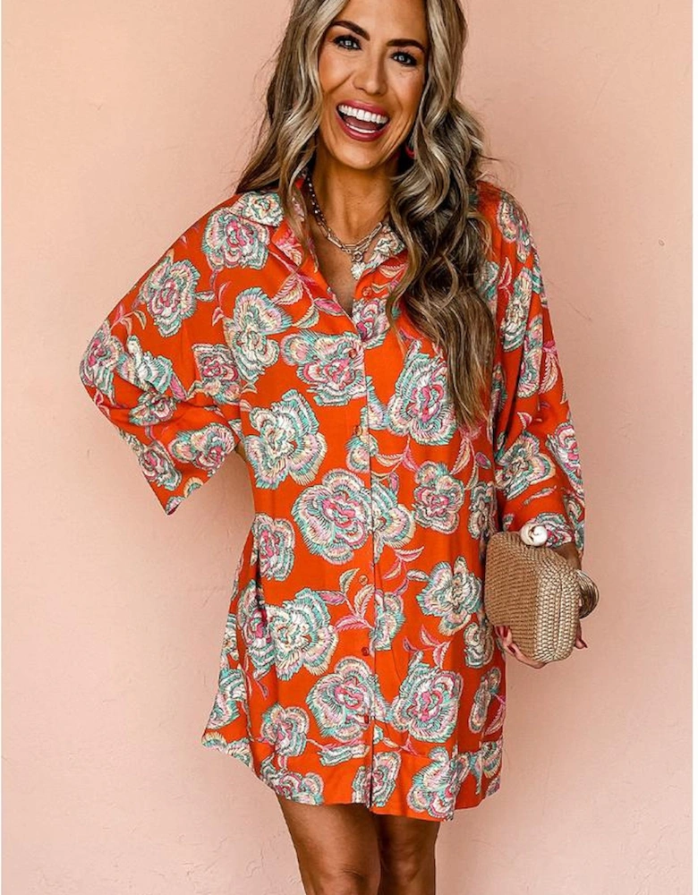 Red Floral Print Lapel Collar Loose Shirt Mini Dress