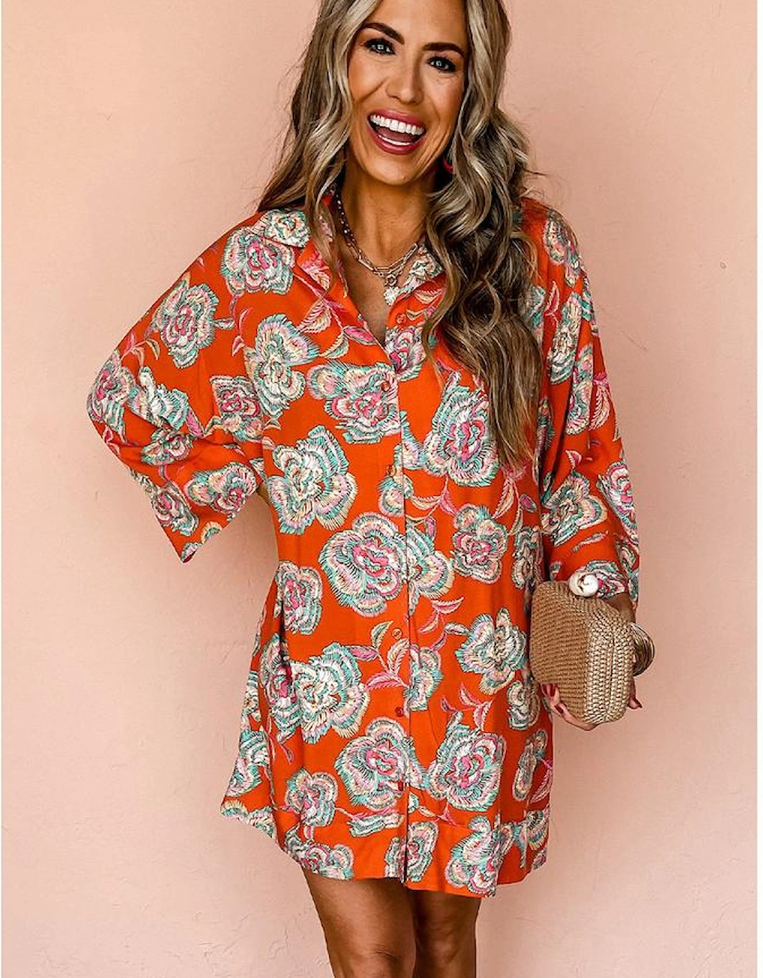 Red Floral Print Lapel Collar Loose Shirt Mini Dress