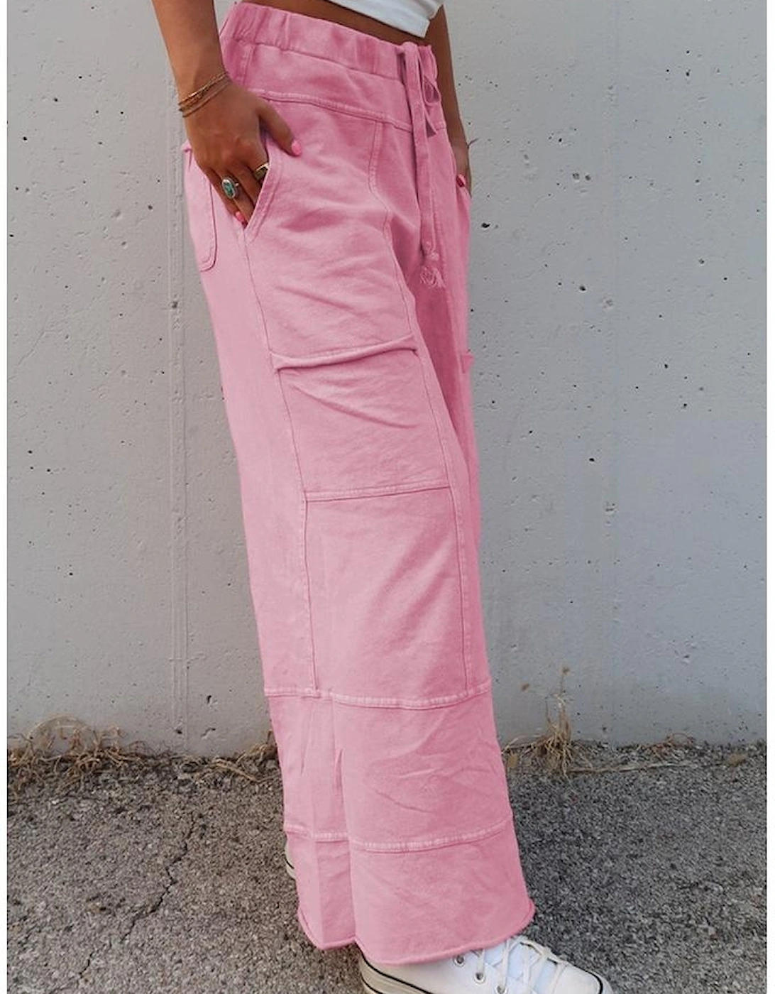 Bonbon Mineral Wash Exposed Seam Drawstring High Waist Wide Leg Cargo Pants