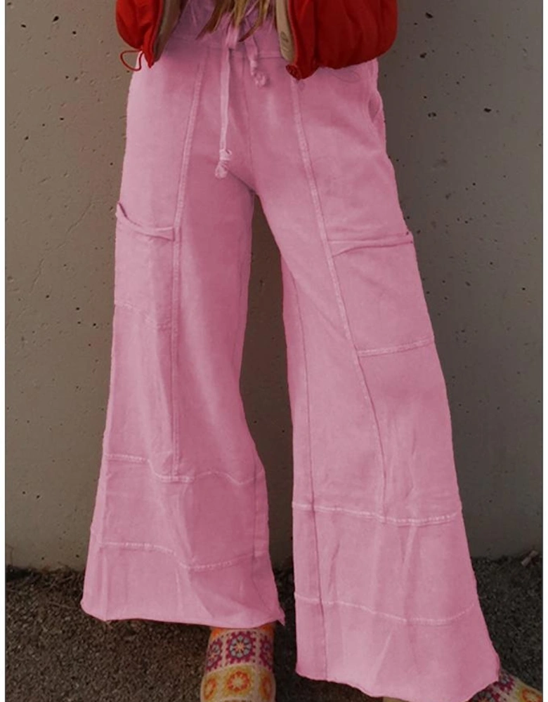 Bonbon Mineral Wash Exposed Seam Drawstring High Waist Wide Leg Cargo Pants