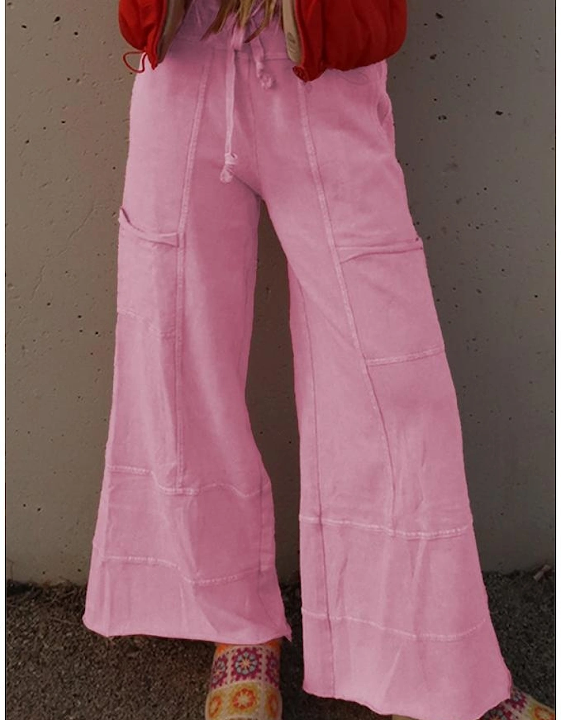 Bonbon Mineral Wash Exposed Seam Drawstring High Waist Wide Leg Cargo Pants