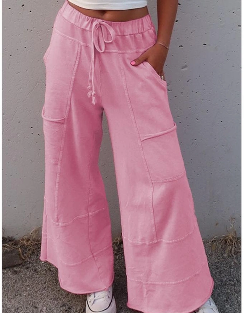 Bonbon Mineral Wash Exposed Seam Drawstring High Waist Wide Leg Cargo Pants