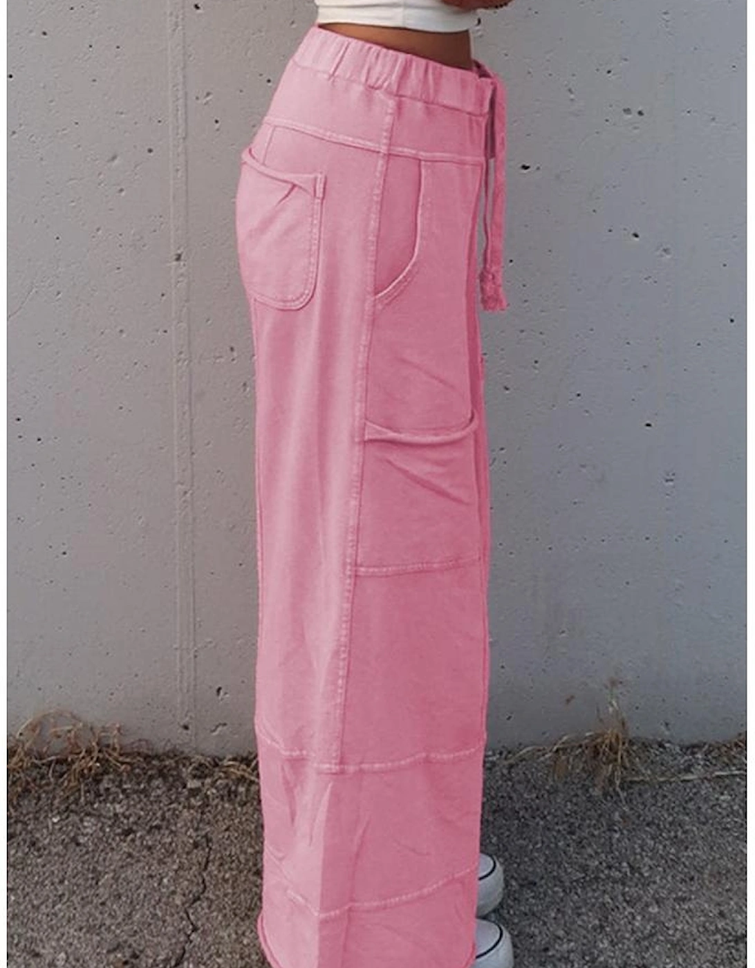 Bonbon Mineral Wash Exposed Seam Drawstring High Waist Wide Leg Cargo Pants