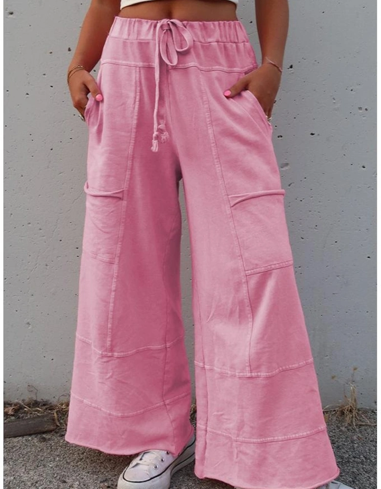 Bonbon Mineral Wash Exposed Seam Drawstring High Waist Wide Leg Cargo Pants