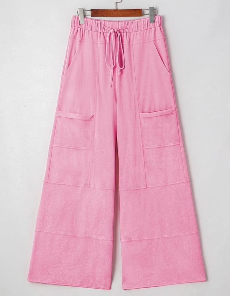 Bonbon Mineral Wash Exposed Seam Drawstring High Waist Wide Leg Cargo Pants