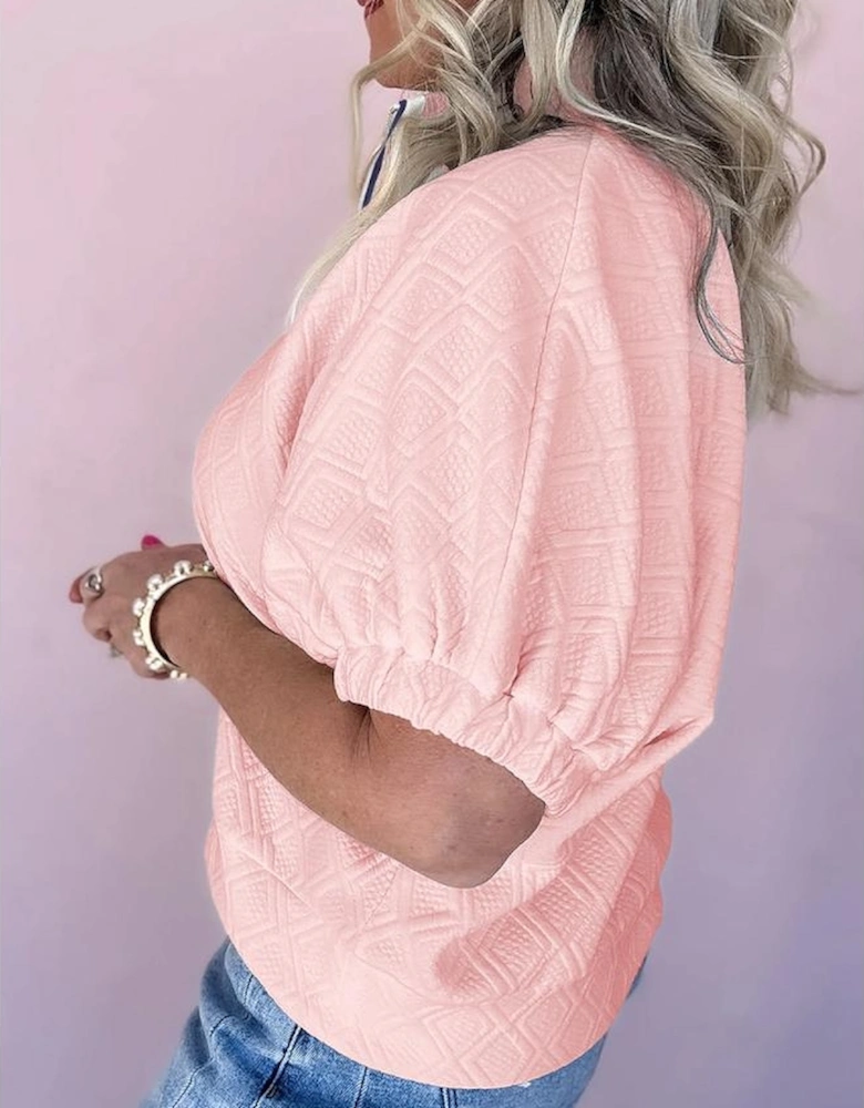 Light Pink Sequin Halloween Ghost Patched Textured Knit Contrast Collar Short Sleeve Top