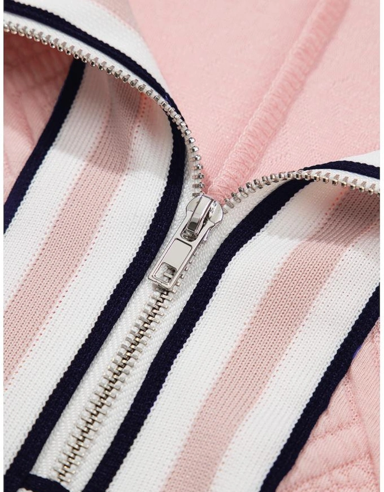 Light Pink Contrast Striped Collar Patchwork Textured Half Sleeve Blouse