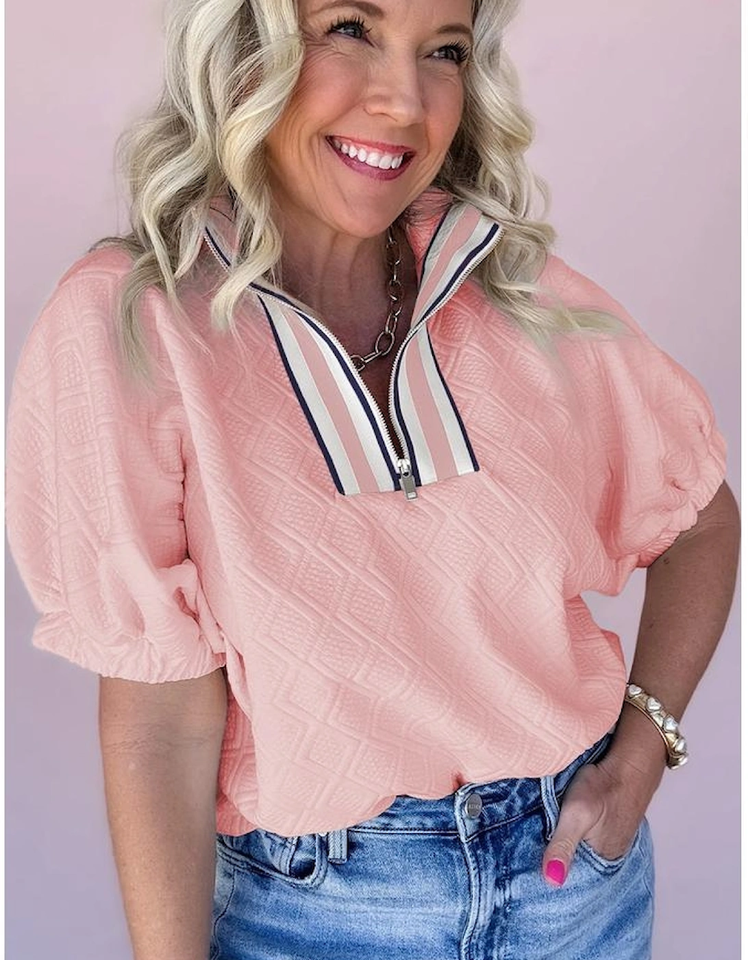 Light Pink Contrast Striped Collar Patchwork Textured Half Sleeve Blouse