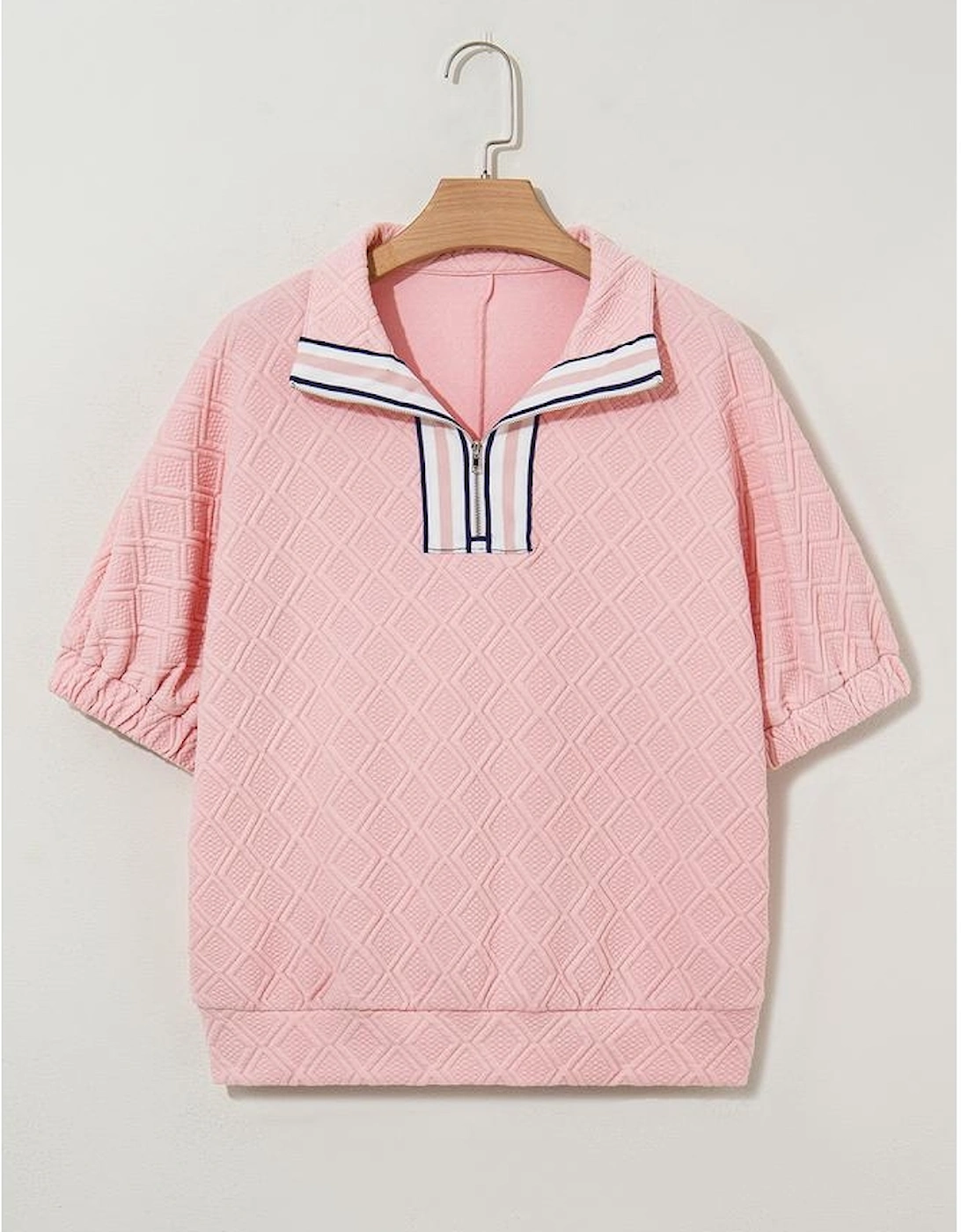 Light Pink Contrast Striped Collar Patchwork Textured Half Sleeve Blouse