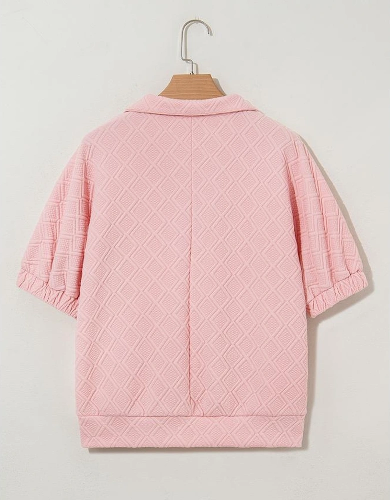 Light Pink Sequin Halloween Ghost Patched Textured Knit Contrast Collar Short Sleeve Top