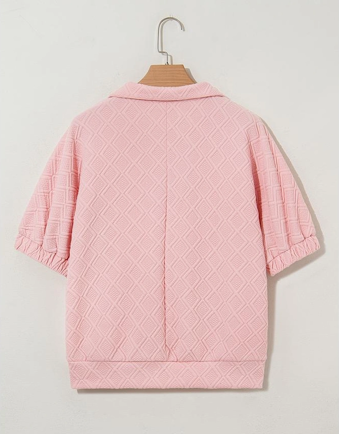 Light Pink Sequin Halloween Ghost Patched Textured Knit Contrast Collar Short Sleeve Top