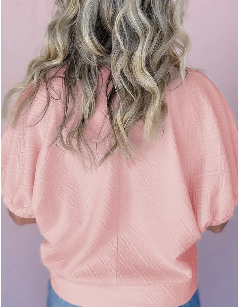 Light Pink Sequin Halloween Ghost Patched Textured Knit Contrast Collar Short Sleeve Top