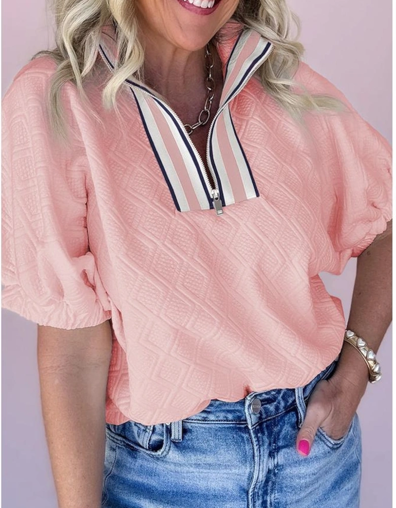 Light Pink Contrast Striped Collar Patchwork Textured Half Sleeve Blouse