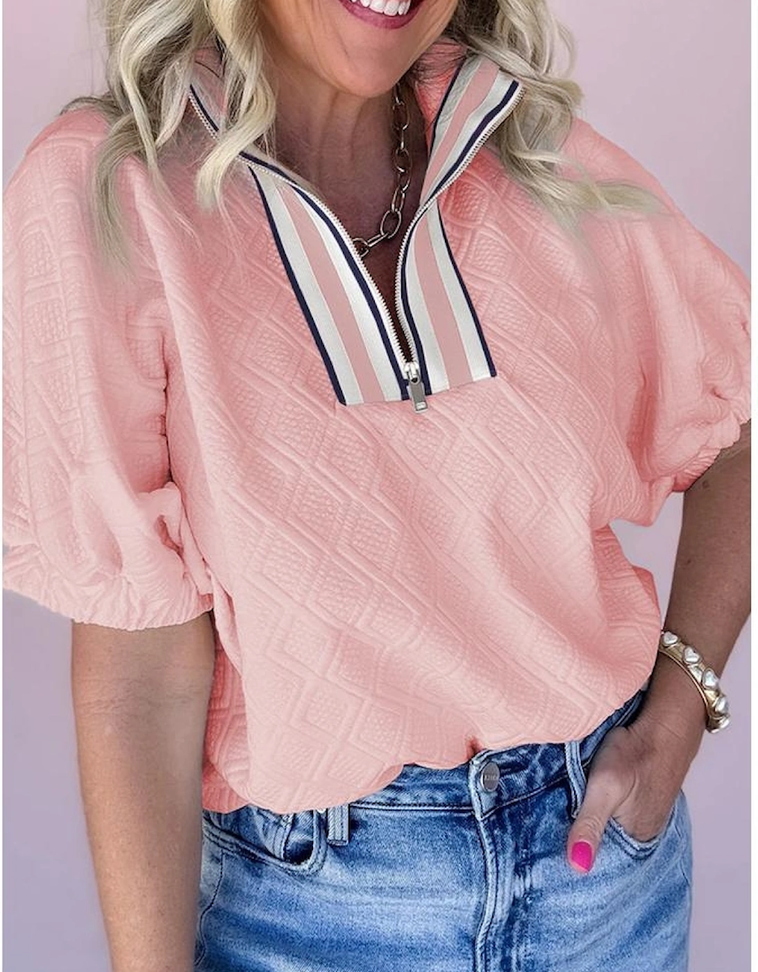 Light Pink Contrast Striped Collar Patchwork Textured Half Sleeve Blouse