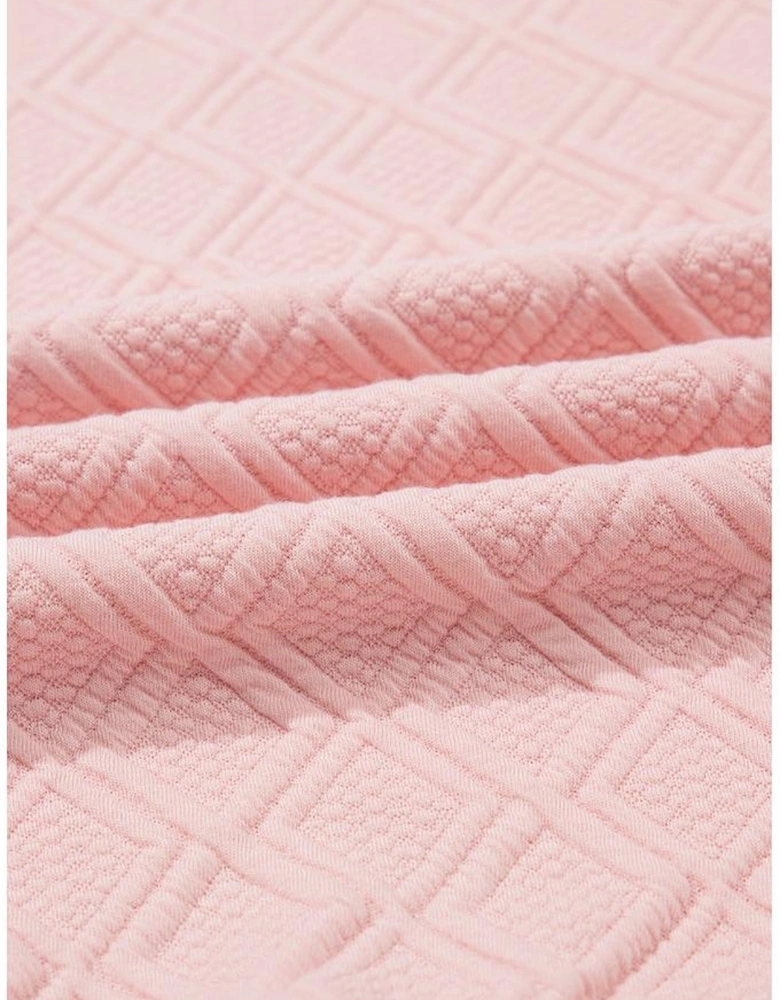 Light Pink Contrast Striped Collar Patchwork Textured Half Sleeve Blouse