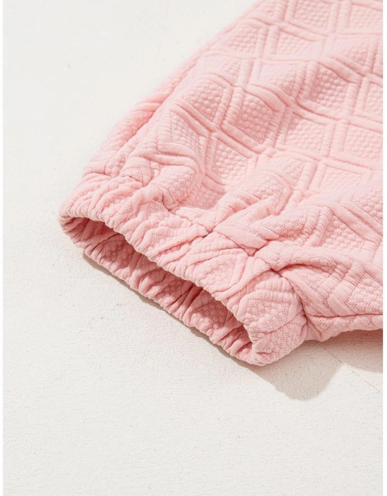 Light Pink Contrast Striped Collar Patchwork Textured Half Sleeve Blouse