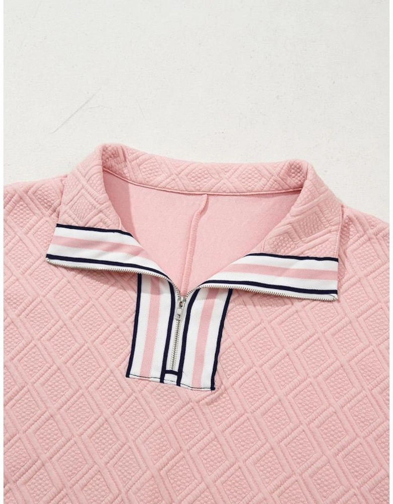Light Pink Contrast Striped Collar Patchwork Textured Half Sleeve Blouse