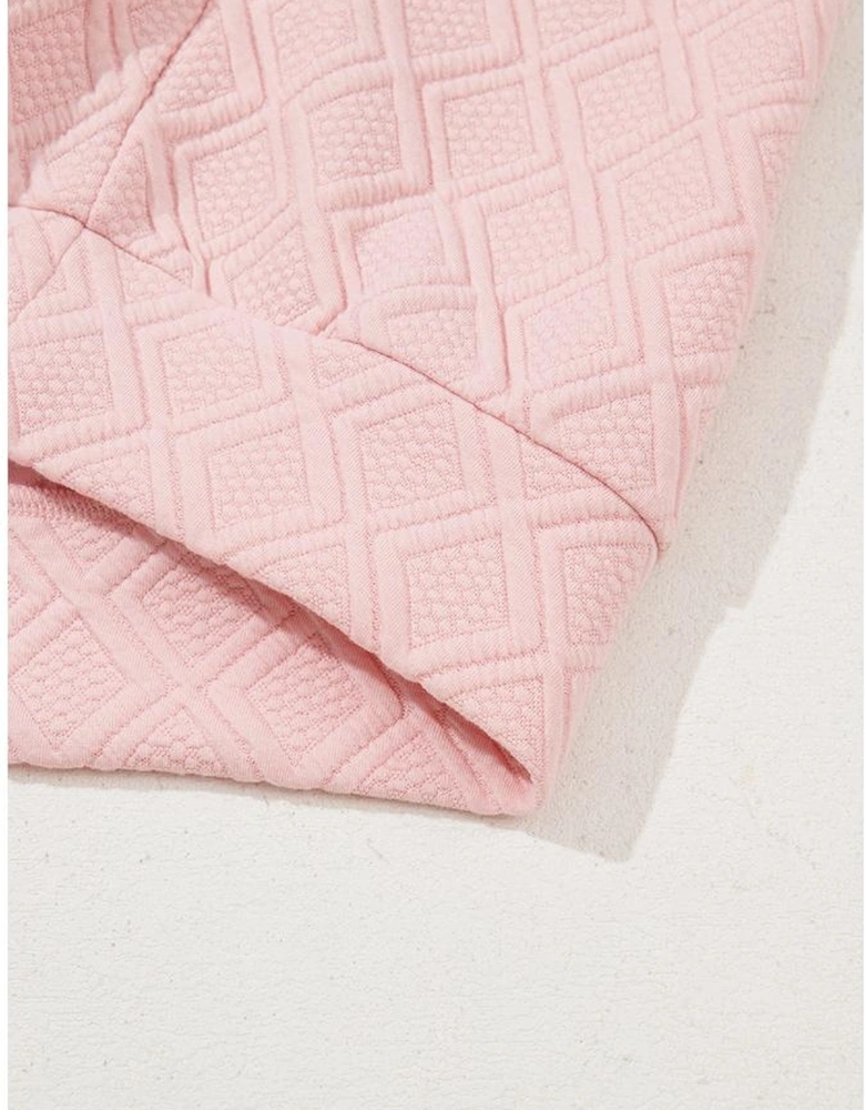 Light Pink Contrast Striped Collar Patchwork Textured Half Sleeve Blouse