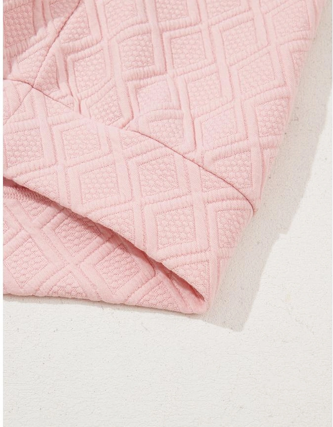 Light Pink Contrast Striped Collar Patchwork Textured Half Sleeve Blouse