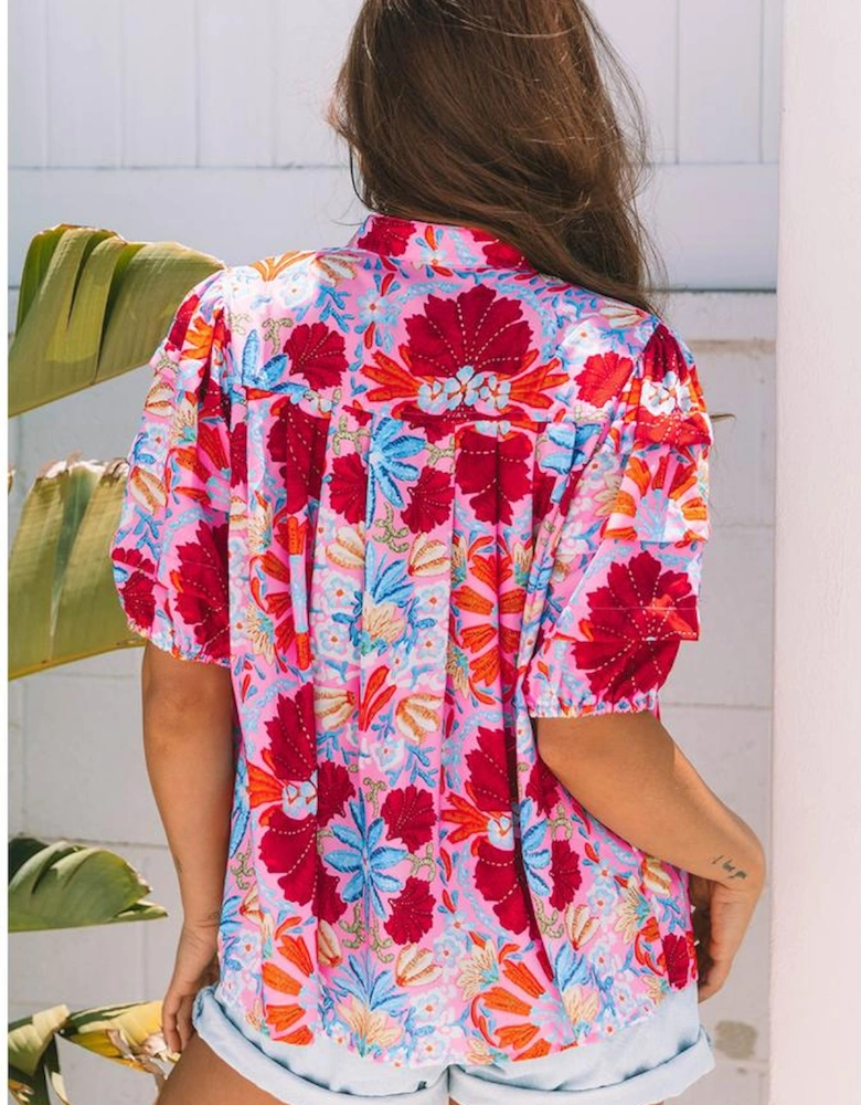 Pink Floral Print Bubble Sleeve Button Up Pleated Shirt