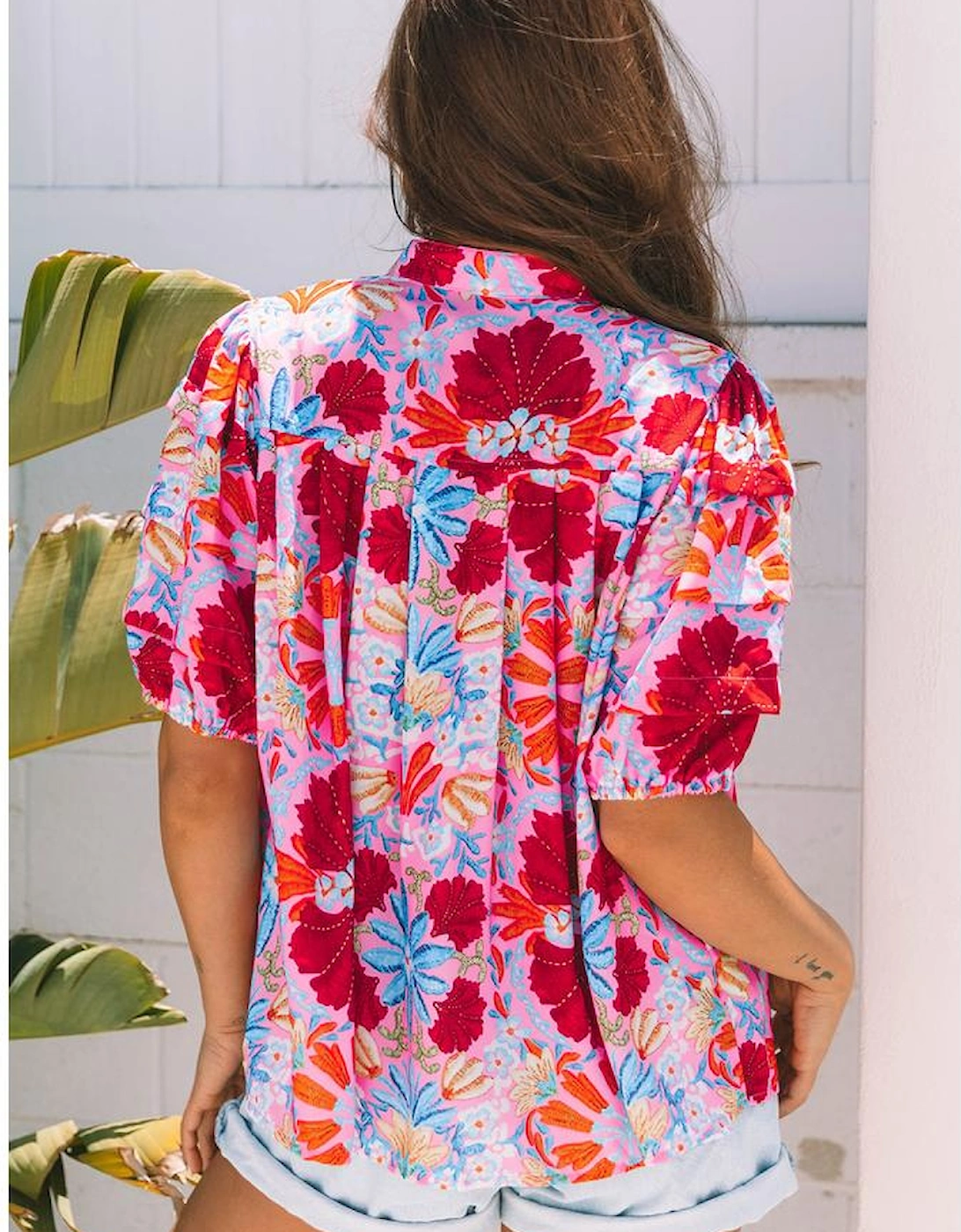 Pink Floral Print Bubble Sleeve Button Up Pleated Shirt, 16 of 15