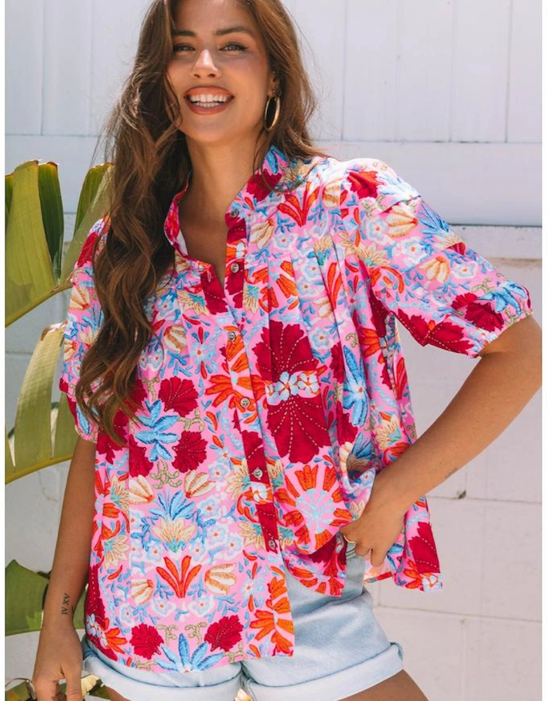 Pink Floral Print Bubble Sleeve Button Up Pleated Shirt