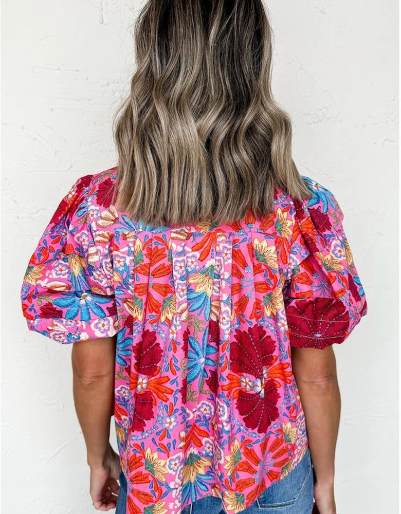 Pink Floral Print Bubble Sleeve Button Up Pleated Shirt