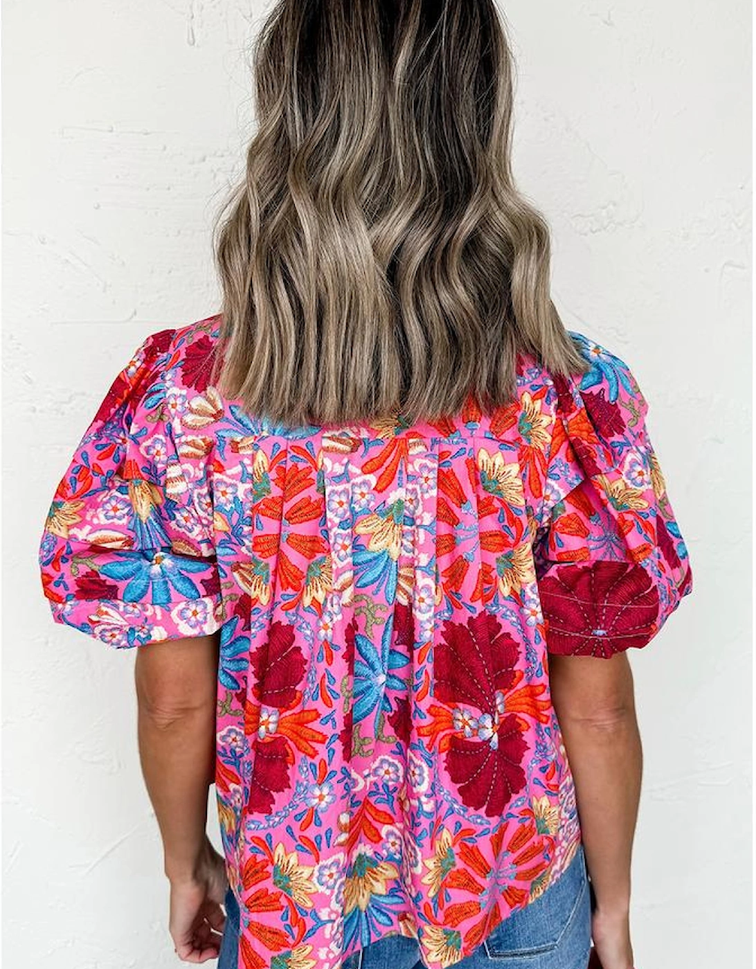 Pink Floral Print Bubble Sleeve Button Up Pleated Shirt