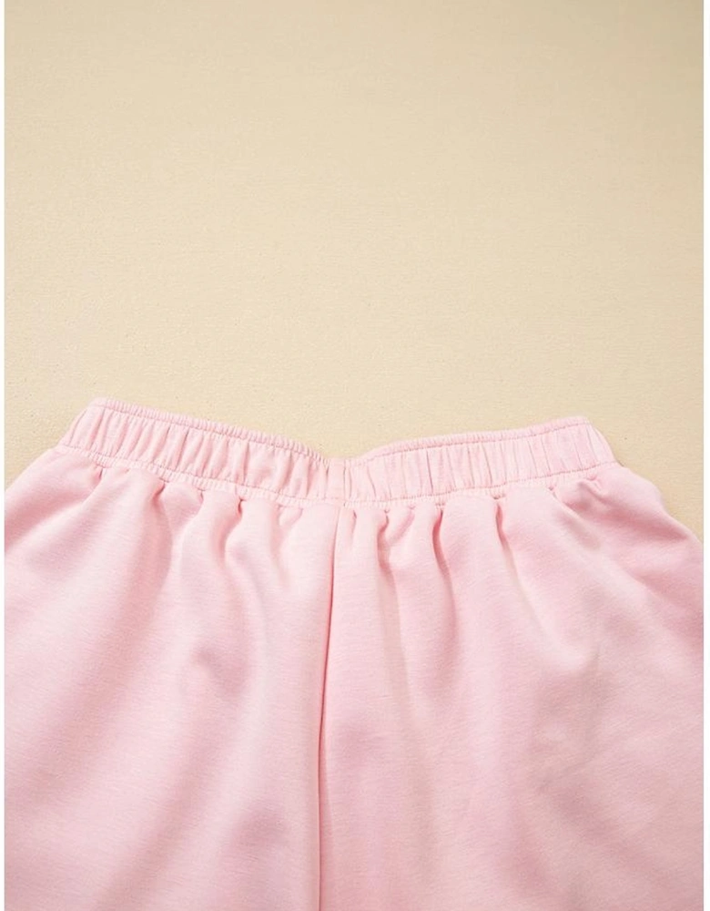 Light Pink Puff Sleeve Pearl Embellished Scallop Trim Top 2 Piece Skort Set