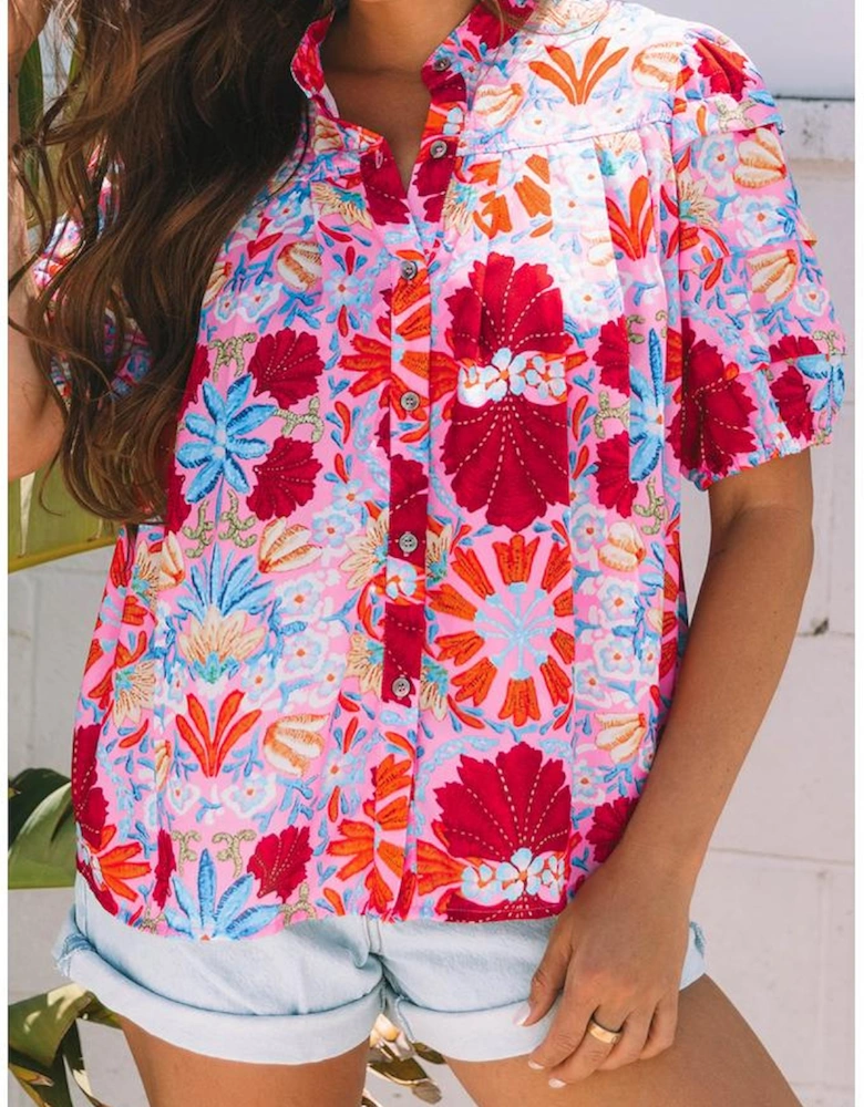 Pink Floral Print Bubble Sleeve Button Up Pleated Shirt