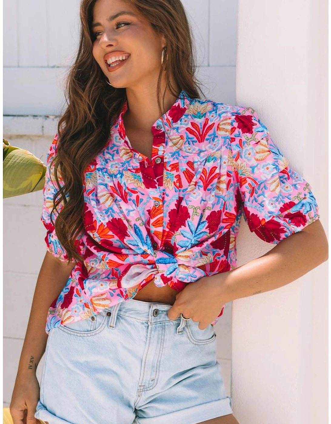 Pink Floral Print Bubble Sleeve Button Up Pleated Shirt