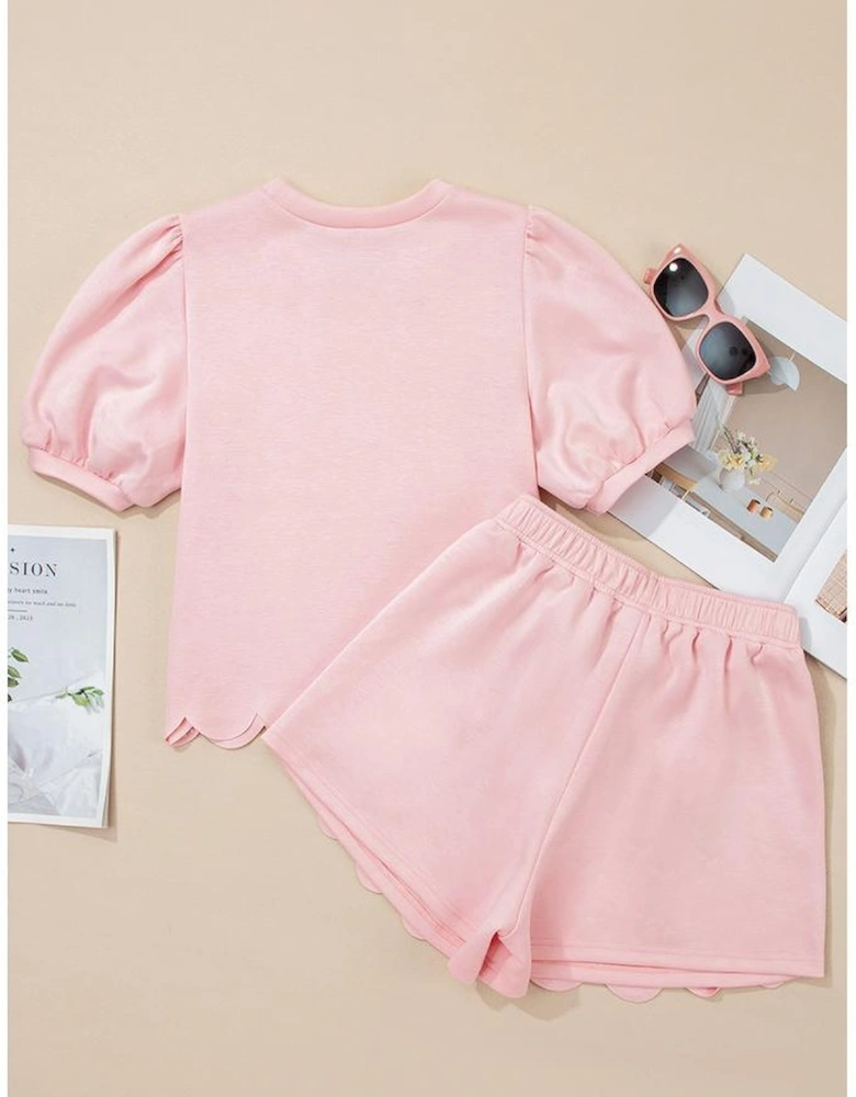 Light Pink Puff Sleeve Pearl Embellished Scallop Trim Top 2 Piece Skort Set