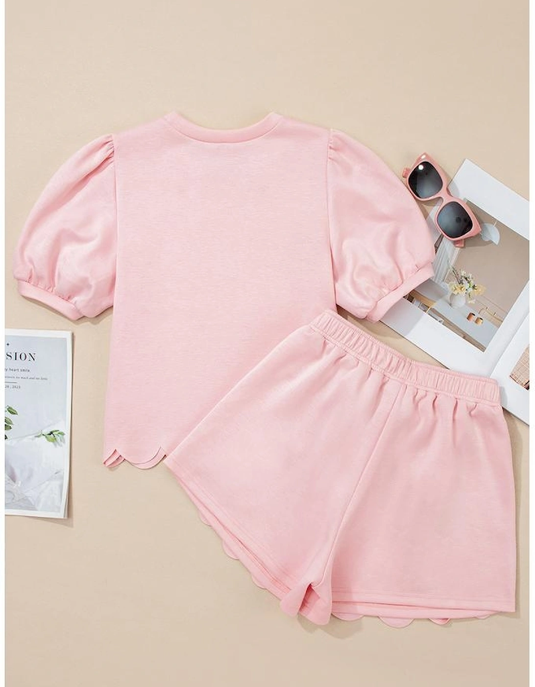 Light Pink Puff Sleeve Pearl Embellished Scallop Trim Top 2 Piece Skort Set