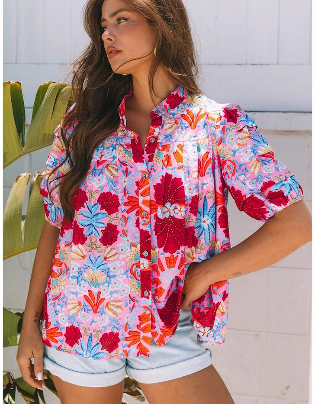 Pink Floral Print Bubble Sleeve Button Up Pleated Shirt