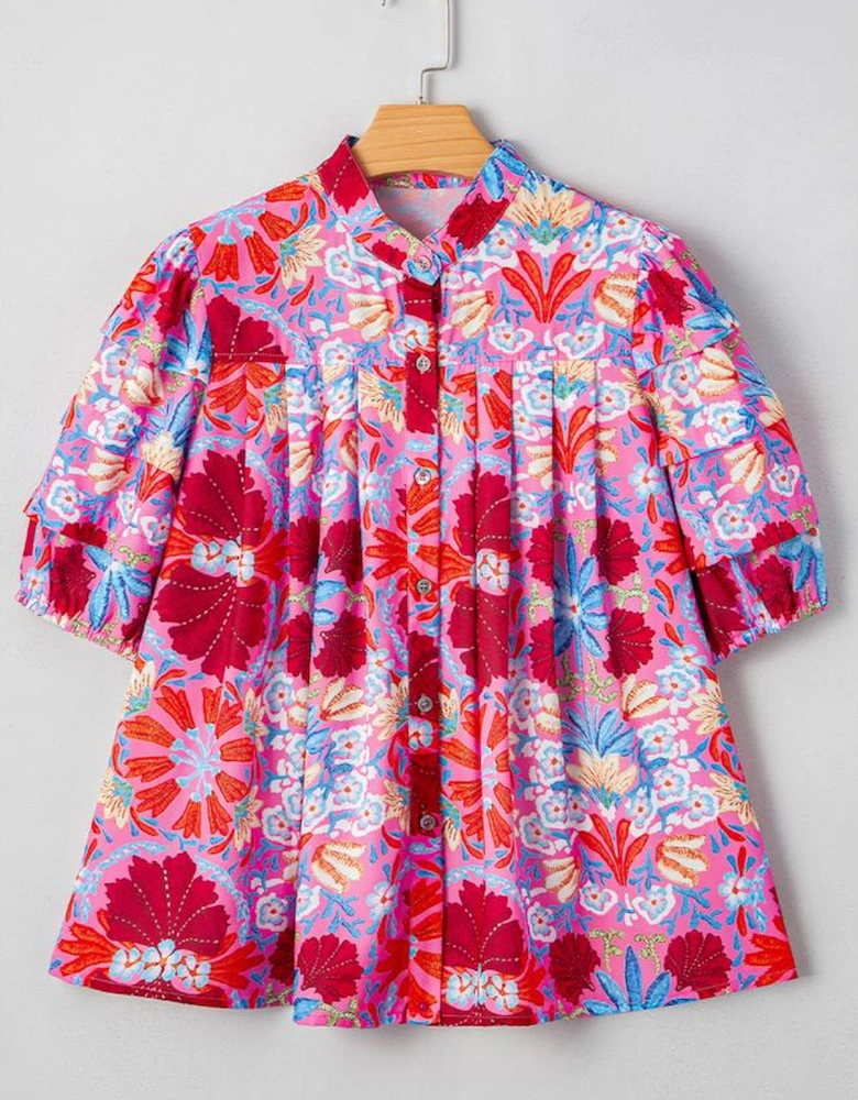 Pink Floral Print Bubble Sleeve Button Up Pleated Shirt