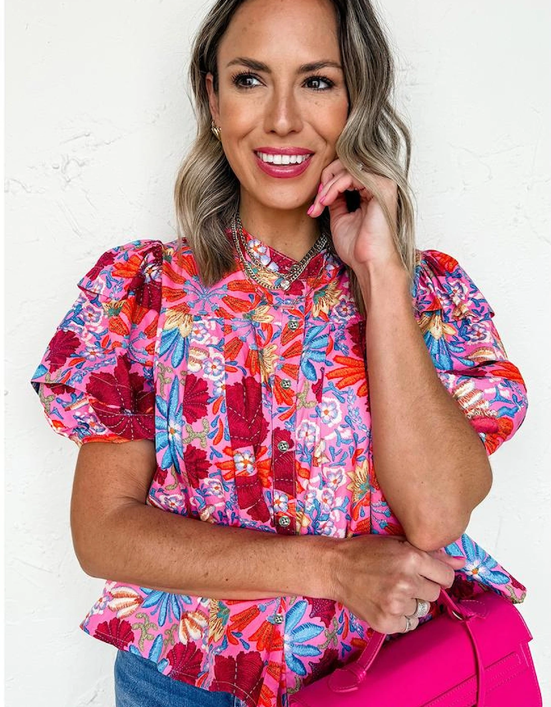 Pink Floral Print Bubble Sleeve Button Up Pleated Shirt