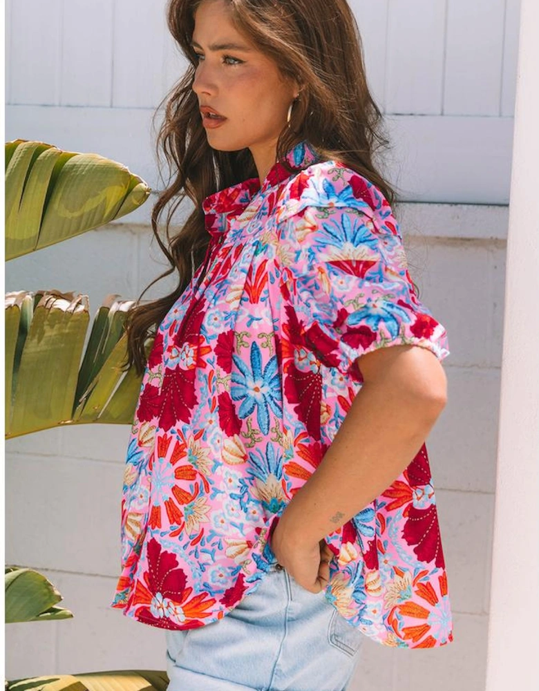 Pink Floral Print Bubble Sleeve Button Up Pleated Shirt