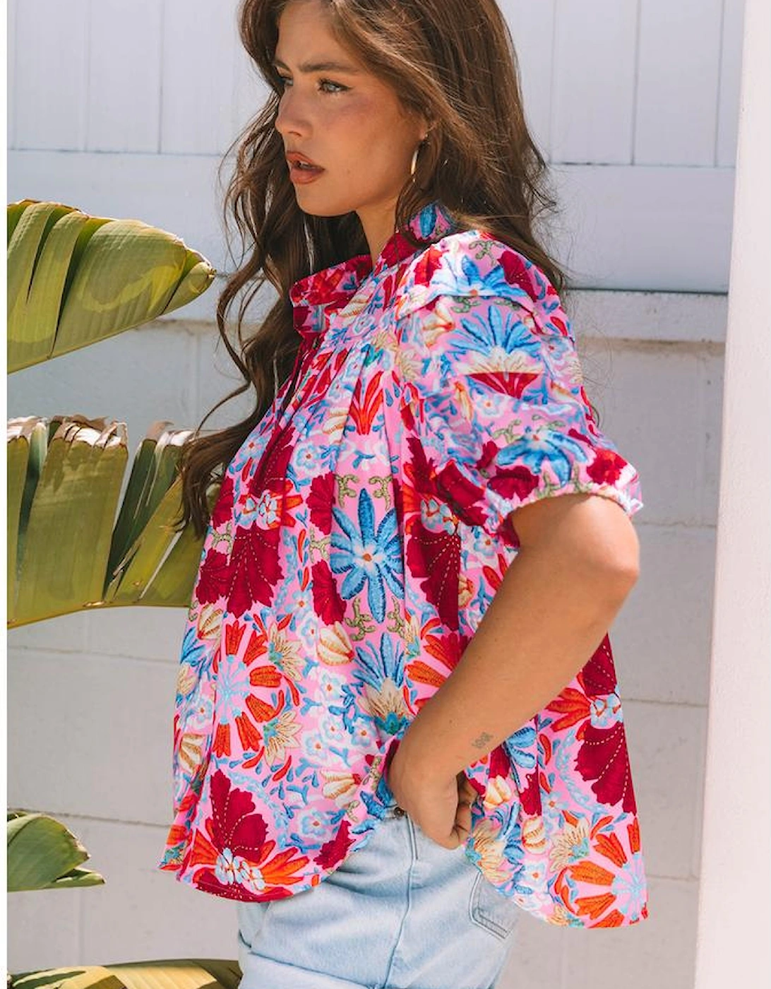 Pink Floral Print Bubble Sleeve Button Up Pleated Shirt