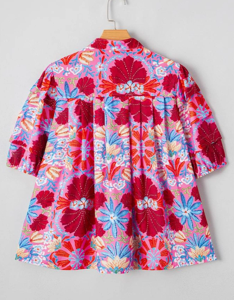 Pink Floral Print Bubble Sleeve Button Up Pleated Shirt